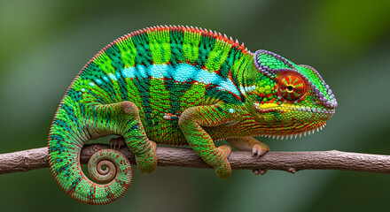 Image is a high-resolution, close-up photograph of a vibrant chameleon perched on a branch. The chameleon displays a striking array of colors, including bright green, orange, and blue, with distinct p