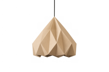 Origami pendant lamp shade creating modern ceiling light fixture on transparent background