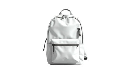 A white minimalist backpack with front pocket, zippers, and top handle, isolated on black