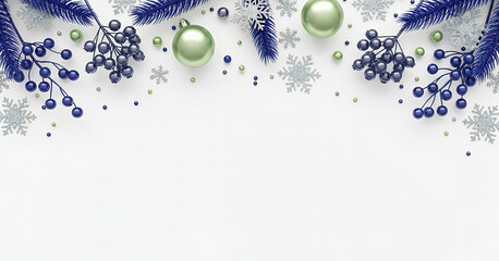 Winter holiday border featuring blue pine branches, green ornaments, and silver snowflakes arranged in a bright seasonal composition that blends cool tones with a festive and elegant atmosphere