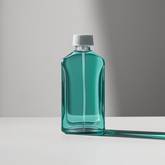 Green mouthwash bottle with shadow on grey background