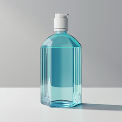 Clear pump bottle with blue liquid on white surface