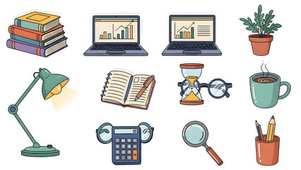 Vector illustration icon set of school and office business objects including computer, laptop, books, pen, pencil, calculator, notebook, and paper for web design and education