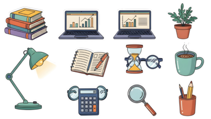 Vector illustration icon set of school and office business objects including computer, laptop, books, pen, pencil, calculator, notebook, and paper for web design and education