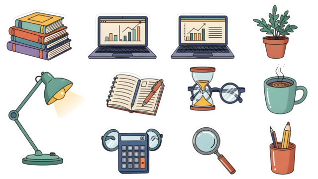 Vector illustration icon set of school and office business objects including computer, laptop, books, pen, pencil, calculator, notebook, and paper for web design and education