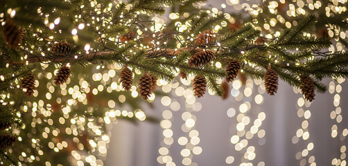 Evergreen branch with pinecones and warm glowing string lights background, creating a warm and natural winter atmosphere with soft highlights that feel calm and inviting