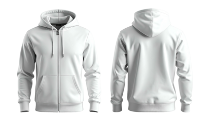 Front and back views of a white zip-up hooded sweatshirt on a black background (1)