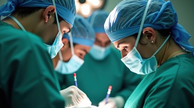 Surgeons in operating room performing surgical procedure with focused concentration