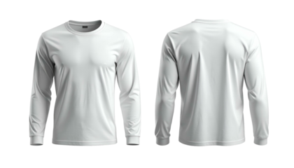 Two views of a long-sleeved, white, crew neck top. Front and back displayed on black background