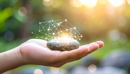 Hand Holding Stone with Connected Network Eco-Friendly Technology