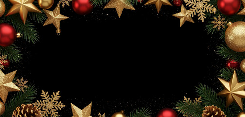 Christmas border with ornaments, pine branches, stars, and snowflakes background, creating a festive winter frame filled with bright details that enhance the warm holiday atmosphere