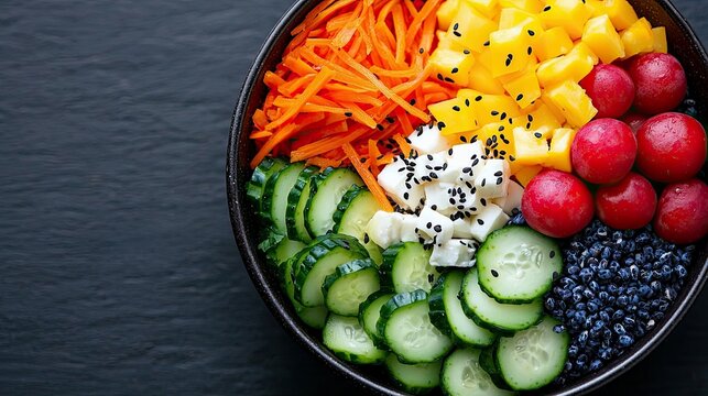 Close-up of a colorful and healthy salad bowl with various fresh vegetables and fruits arranged on a dark background. Includes carrots, cucumbers, mango, and ra