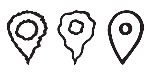 Set of hand drawn map pin Map marker pointer sign GPS and mapping tools Location pin symbol Pinpoint clipart in doodle style Single element for web, design