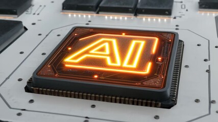 Abstract ai growth symbolism with glowing orange chip on futuristic circuit board representing innovation and digital technology progress - Powered by Adobe