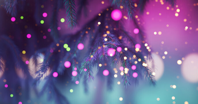 Evergreen branches with vibrant pink and yellow bokeh lights background, blending bright holiday colors with a soft glowing atmosphere that feels warm and cheerful for the season - Powered by Adobe