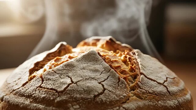 Close up of freshly baked artisan bread with inviting steam rising gently