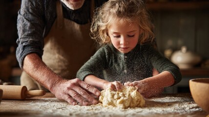 close-up of little hands helping to knead dough with parent, soft sunlight, rustic kitchen vibe