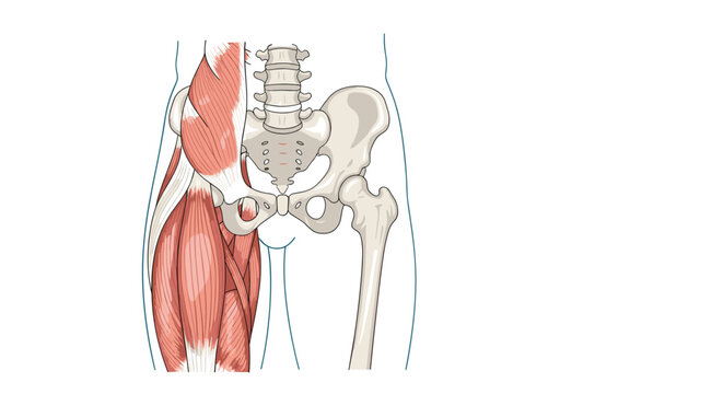 Anterior view of the human hip joint, showing the connection of the femur to the pelvic girdle and the surrounding thigh muscles.