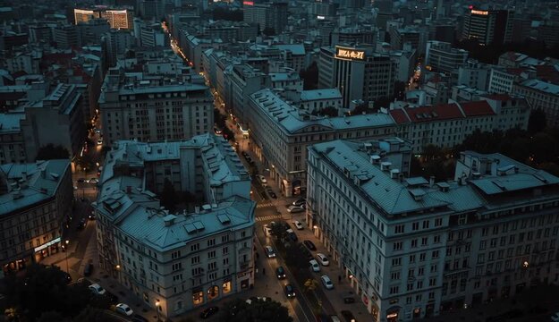 Bucharest Cityscape at Dusk Urban Romania, Aerial View