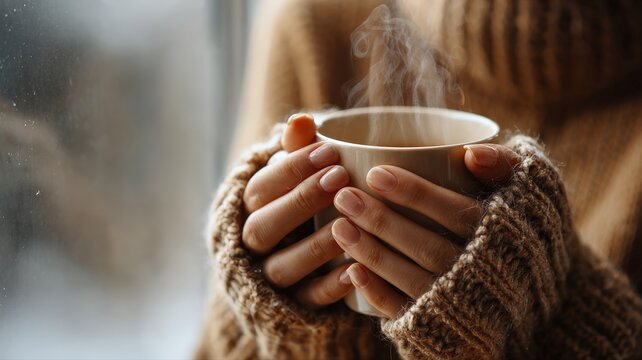 close-up of hands wrapping fingers around steaming mug, soft sweater texture, warm tones, frosted window in background