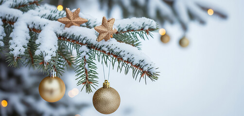 Snow covered pine branch decorated with gold ornaments and lights, creating a festive winter moment where the soft snow and warm accents bring out a cozy holiday atmosphere