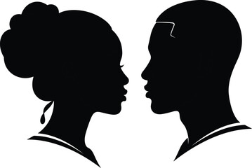 Black silhouette profiles of a man and woman facing each other couple