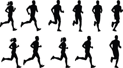 Black silhouettes of men and women running in various poses on a white background 1