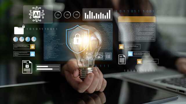 A striking image illustrating the fusion of technology and security, featuring a glowing light bulb amidst digital interfaces, symbolizing innovation in a modern business environment. Gantry