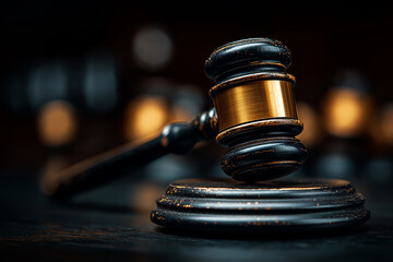 A wooden judge's gavel with a brass band resting on its sound block in a dark, low-key setting. Symbolism: Represents Law, Justice, Authority, Judgment, Auction, and Legal System/Decision.