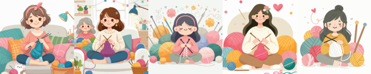 VECTOR MOTHER KNITTING WHITE BACKGROUN FLAT DESIGN
