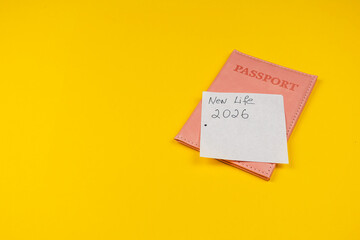 Passport resting on a bright yellow background with a note for new life plans