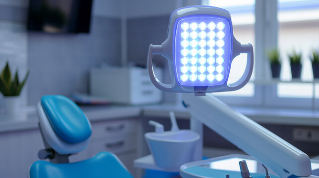 Blue LED dental lamp in modern clinic interior