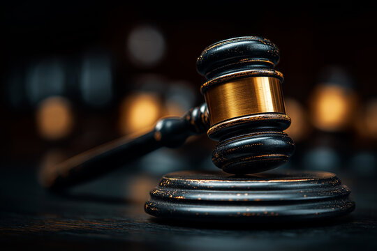 A wooden judge's gavel with a brass band resting on its sound block in a dark, low-key setting. Symbolism: Represents Law, Justice, Authority, Judgment, Auction, and Legal System/Decision.