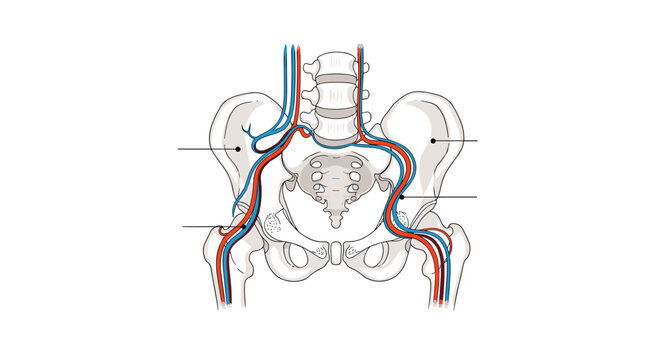 Labeled anatomical diagram of the human pelvic region showing the circulatory system, including major arteries and veins around the hip bones.