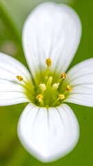 Obraz premium Close-up macro view of a delicate white flower with four petals, featuring a yellow center and green surroundings