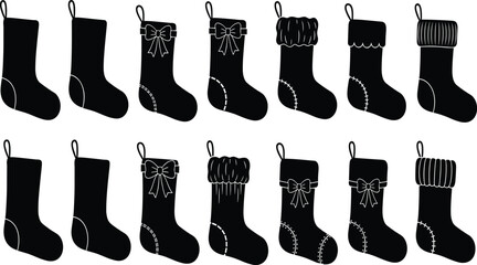 Collection of black Christmas stockings with various decorative elements holiday