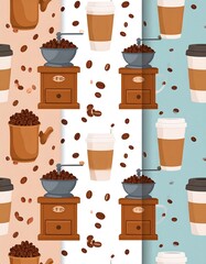 Cartoon-style repeating pattern featuring coffee grinders, to-go cups, and scattered coffee beans in three distinct color blocks