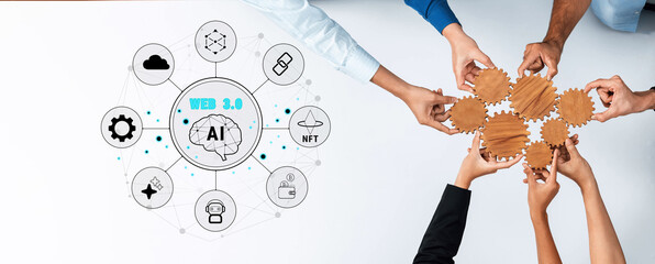 A diverse group of hands collaborate to assemble wooden gears, showcasing teamwork in a Web 3.0 and AI context, symbolizing innovation in technology. Trope