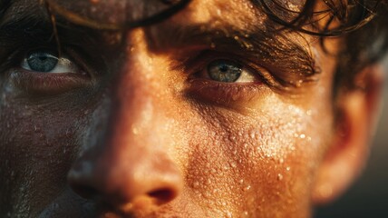 close-up of runner's face with sweat and sunset glow, focus and resilience in expression