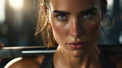 close-up, ultra-realistic portrait of a determined young woman lifting weights, sweat glistening, focused expression, strong backlighting, shallow depth of field, motivational, gym environment