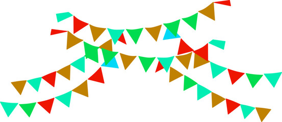 Colorful festive bunting strings in red, green, aqua, and brown creating a cheerful celebration atmosphere on a clean white background.
