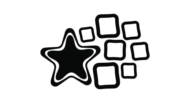 A striking composition of geometric shapes featuring a prominent star and surrounding squares silhouette