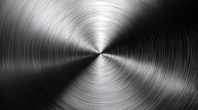 Abstract close-up of a brushed metal surface with a circular, radial pattern in black and white. Industrial texture for design