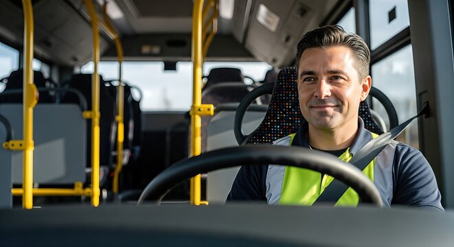 Male bus driver wearing a safety vest is smiling while driving a public transport bus, showcasing a professional and friendly atmosphere in the vehicle interior