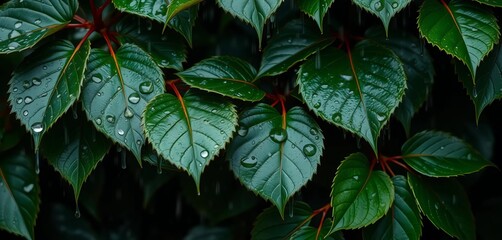 Dark green leaves glistening after a summer rain shower, droplets clinging, green, dew