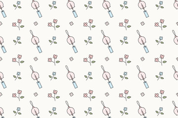 Cute pastel wind chime and floral doodle seamless pattern for soft aesthetic designs