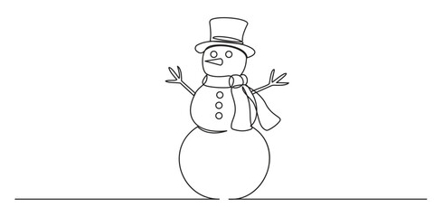 Continuous one line drawing of snowman. Editable stroke. Vector illustration