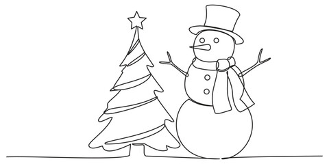 Continuous one line drawing of christmas tree and Snowman in hat with scarf. Festive Winter card in doodle style. Liner Vector illustration