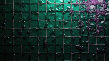 Close-up of a tiled wall featuring vibrant emerald green squares and patches of contrasting dark purple.