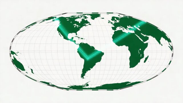 Worldwide Data Flow Map: Bright green data streams trace paths across a stylized green world map, highlighting global connectivity and information transfer